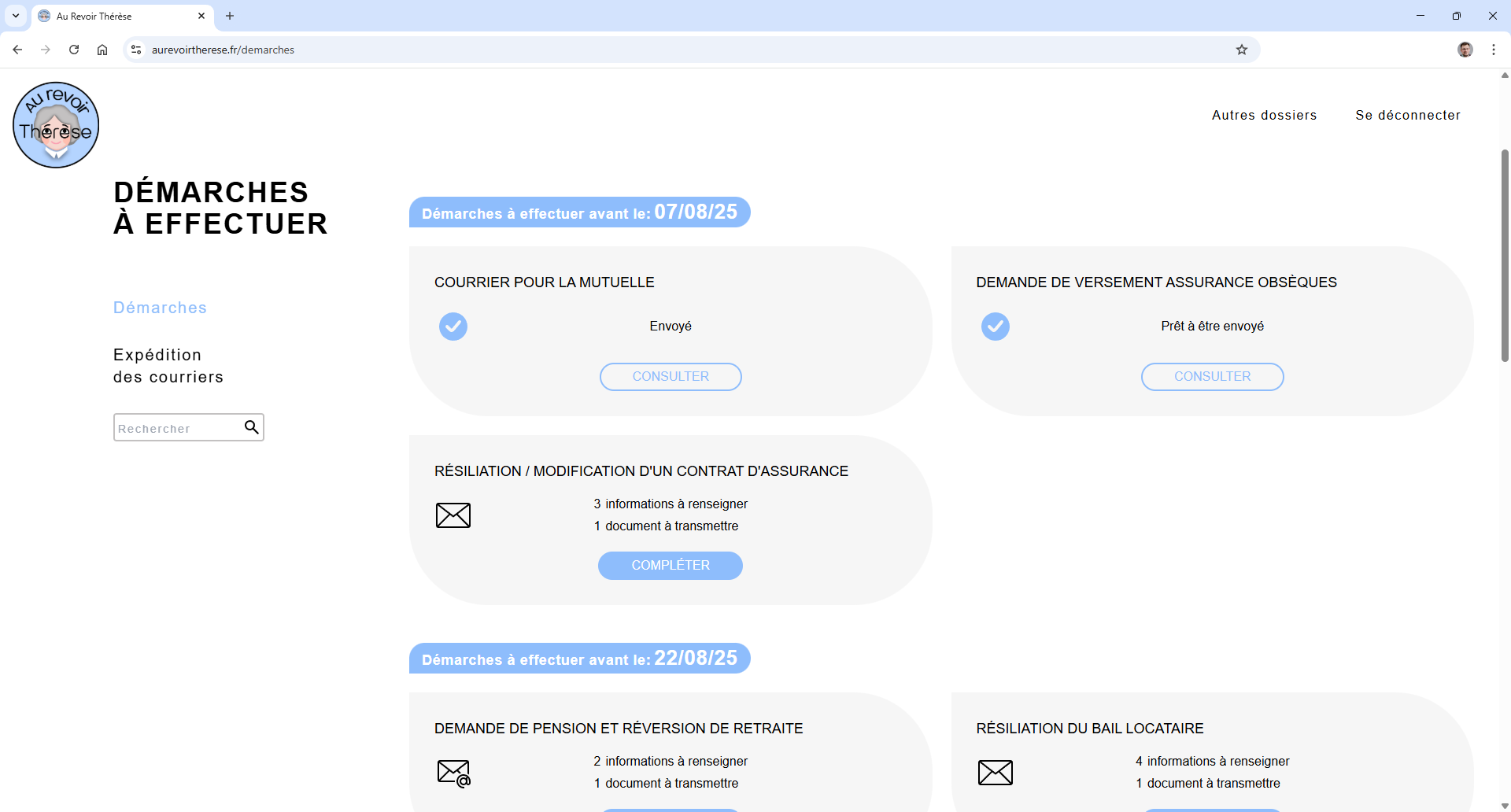 Interface de l'application: gestion des démarches
