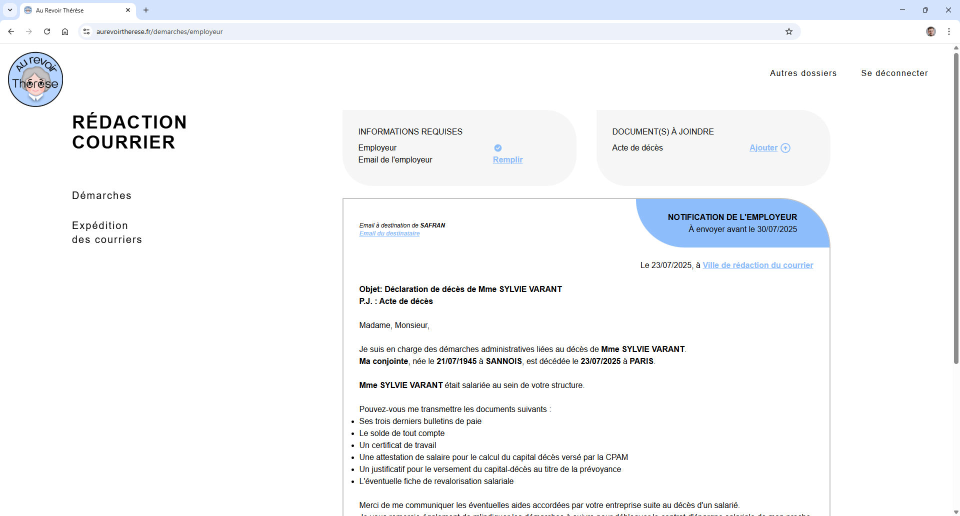 Interface de l'application: édition de courrier